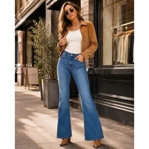 SPANX Flare Jeans Women’s Small Petite Blue Pull On Stretch Shaping Denim